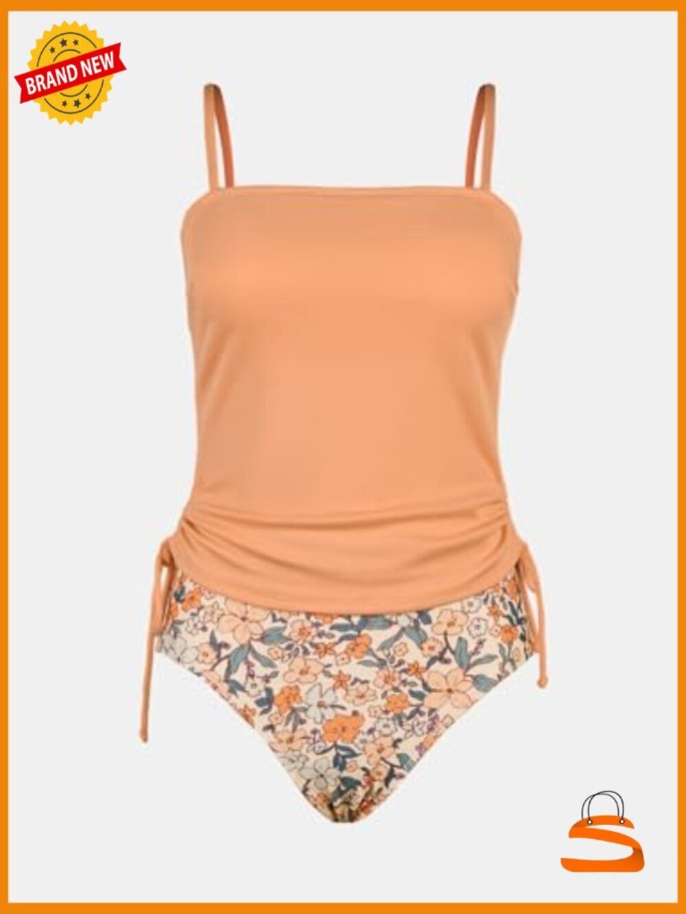 Tankini Set Two Piece Swimsuit Ruched Drawstring High Waisted Bottom Rib - Picture 5 of 7